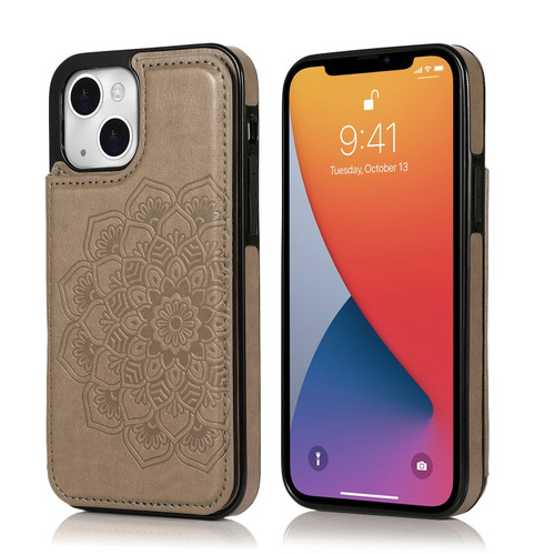 iPhone 13 Double Buckle Mandala Pattern PU+TPU Protective Case with Card Slots & Holder & Photo Frame - Grey