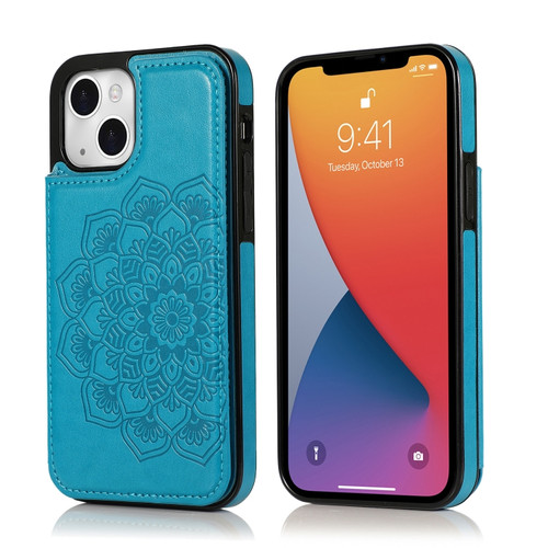 iPhone 13 Double Buckle Mandala Pattern PU+TPU Protective Case with Card Slots & Holder & Photo Frame - Blue