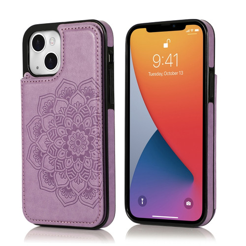 iPhone 13 Double Buckle Mandala Pattern PU+TPU Protective Case with Card Slots & Holder & Photo Frame - Purple