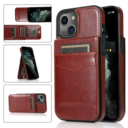 iPhone 13 Solid Color PC + TPU Protective Case with Holder & Card Slots - Brown