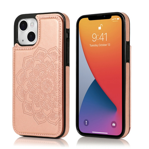 iPhone 13 Double Buckle Mandala Pattern PU+TPU Protective Case with Card Slots & Holder & Photo Frame - Rose Gold