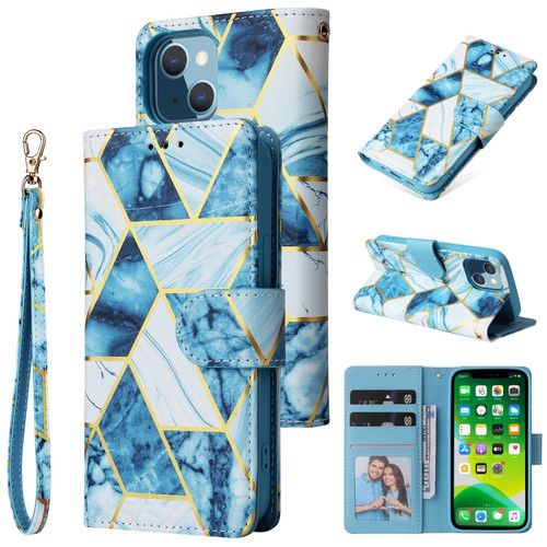 iPhone 13 Marble Bronzing Stitching Horizontal Flip PU Leather Case with Holder & Card Slots & Wallet & Photo Frame - Blue
