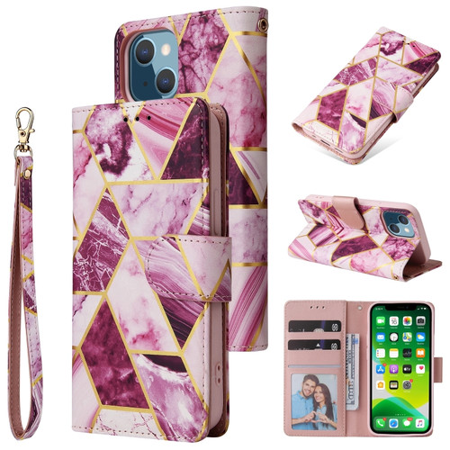 iPhone 13 Marble Bronzing Stitching Horizontal Flip PU Leather Case with Holder & Card Slots & Wallet & Photo Frame - Purple