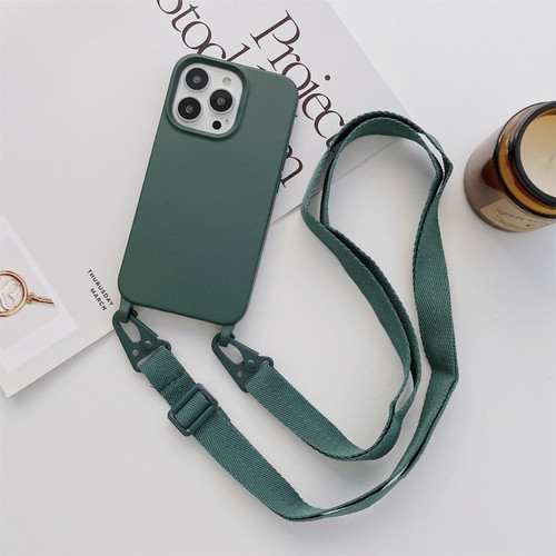iPhone 13 Elastic Silicone Protective Case with Wide Neck Lanyard - Dark Green