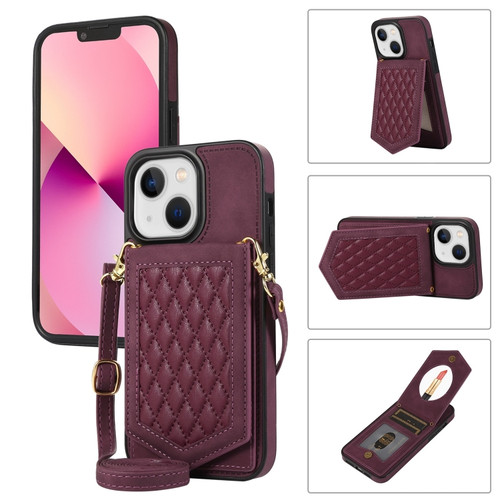 iPhone 13 Rhombic Texture RFID Phone Case with Lanyard & Mirror - Wine Red