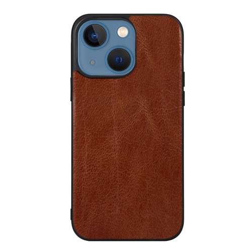 iPhone 13 Genuine Leather Double Color Crazy Horse Phone Case - Brown