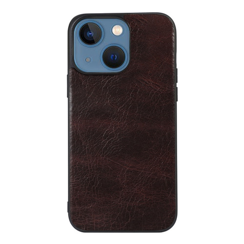 iPhone 13 Genuine Leather Double Color Crazy Horse Phone Case - Coffee