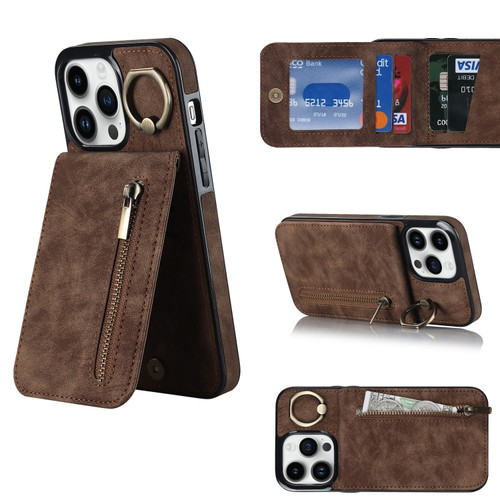 iPhone 13 Retro Ring and Zipper RFID Card Slot Phone Case - Brown