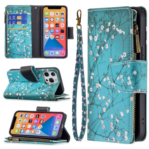 iPhone 13 Colored Drawing Pattern Zipper Horizontal Flip Leather Case with Holder & Card Slots & Wallet - Plum Blossom