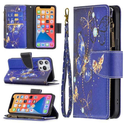 iPhone 13 Colored Drawing Pattern Zipper Horizontal Flip Leather Case with Holder & Card Slots & Wallet - Purple Butterfly