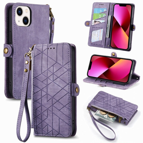 iPhone 13 Geometric Zipper Wallet Side Buckle Leather Phone Case - Purple