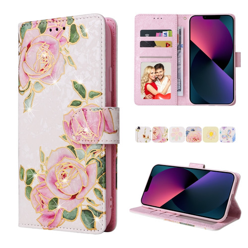 iPhone 13 Bronzing Painting RFID Leather Case - Rose Flower