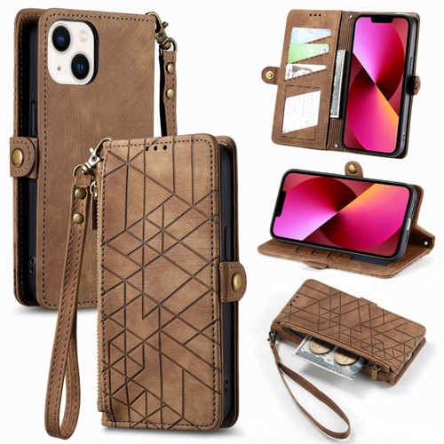 iPhone 13 Geometric Zipper Wallet Side Buckle Leather Phone Case - Brown