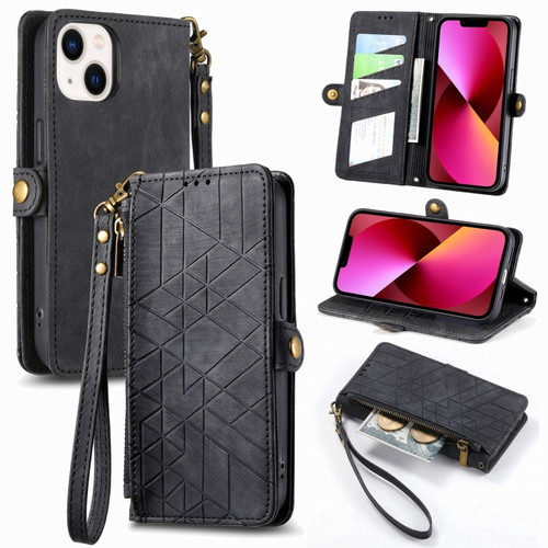 iPhone 13 Geometric Zipper Wallet Side Buckle Leather Phone Case - Black