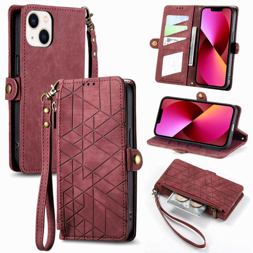 iPhone 13 Geometric Zipper Wallet Side Buckle Leather Phone Case - Red