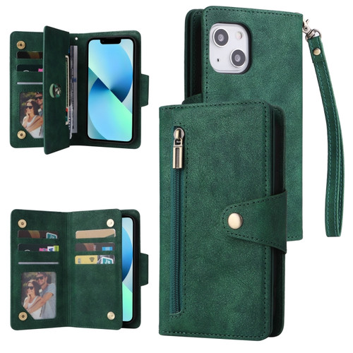 iPhone 13 Rivet Buckle 9 Cards Three Fold Leather Phone Case - Green