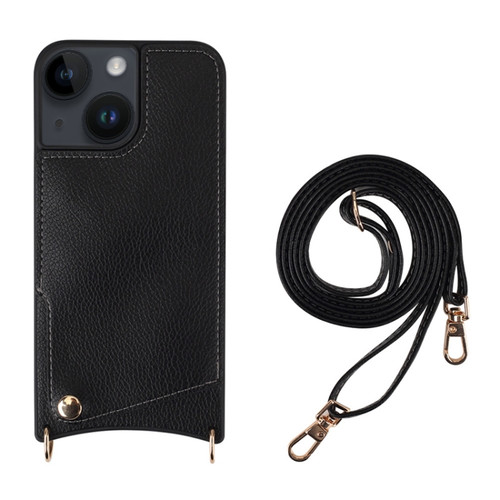 iPhone 13 Fish Tail Card Slot PU + TPU Phone Case with Long Lanyard - Black