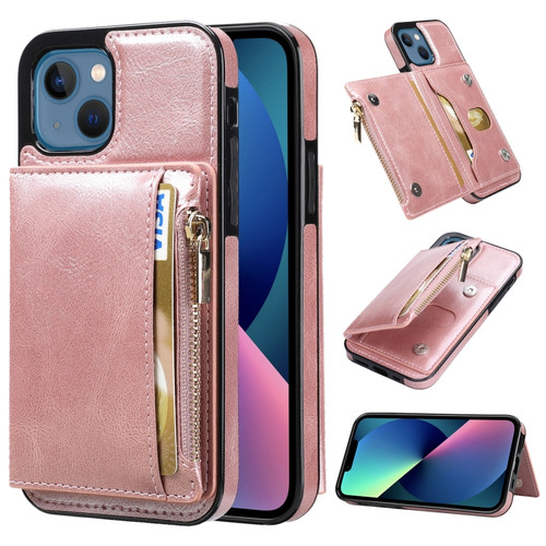 iPhone 13 Zipper Wallet Bag PU Back Cover Shockrpoof Phone Case with Holder & Card Slots & Wallet - Pink