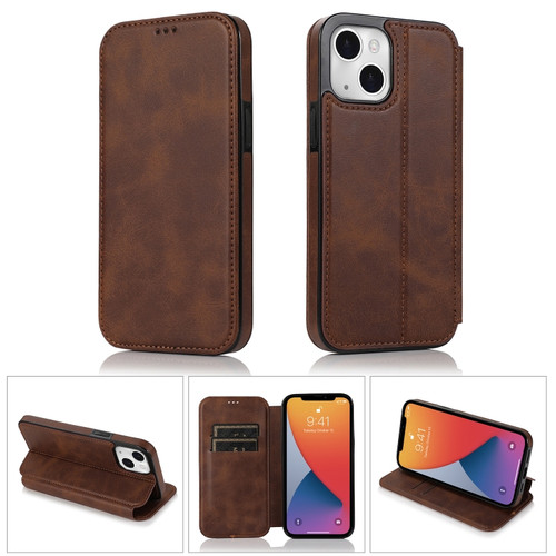 iPhone 13 Strong Magnetic Closure PU + TPU Leather Case with Card Slots & Holder - Brown