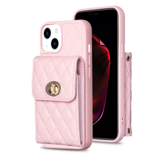 iPhone 13 Vertical Metal Buckle Wallet Rhombic Leather Phone Case - Pink