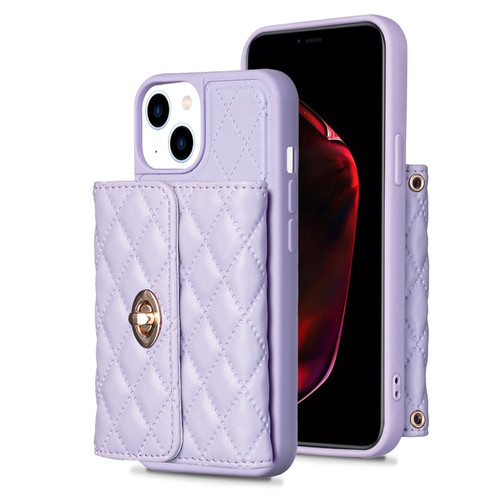 iPhone 13 Horizontal Metal Buckle Wallet Rhombic Leather Phone Case - Purple