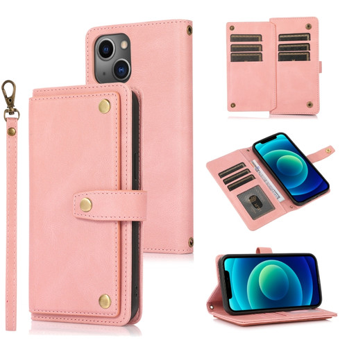 iPhone 13 PU + TPU Horizontal Flip Leather Case with Holder & Card Slot & Wallet & Lanyard - Pink