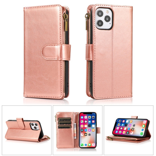 iPhone 13 Multifunctional Crazy Horse Texture Horizontal Flip Leather Case with 9 Card Slot & Holder & Zipper Wallet & Lanyard - Rose Gold