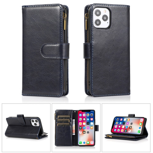 iPhone 13 Multifunctional Crazy Horse Texture Horizontal Flip Leather Case with 9 Card Slot & Holder & Zipper Wallet & Lanyard - Blue