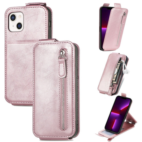 iPhone 13 Zipper Wallet Vertical Flip Leather Phone Case - Rose Gold