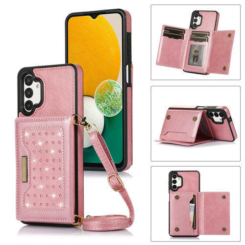 Samsung Galaxy A13 4G/A13 5G Three-fold RFID Leather Phone Case with Lanyard - Rose Gold