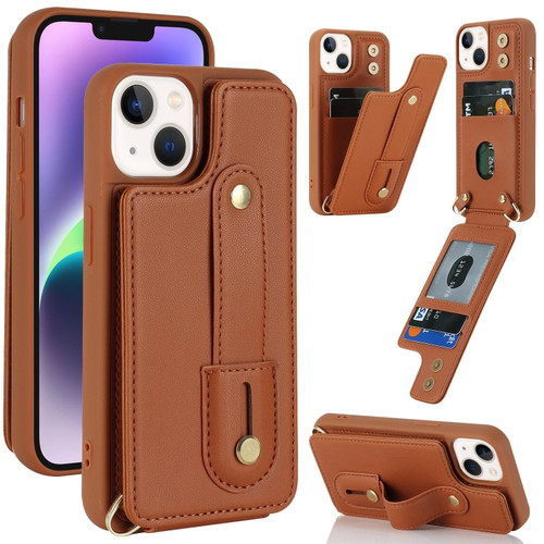 iPhone 13 Wristband Vertical Flip Wallet Back Cover Phone Case - Brown