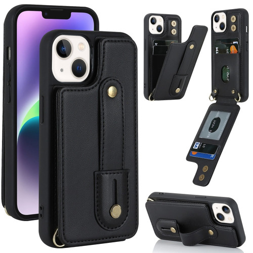 iPhone 13 Wristband Vertical Flip Wallet Back Cover Phone Case - Black