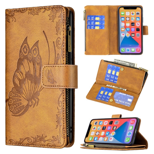 iPhone 13 Flying Butterfly Embossing Pattern Zipper Horizontal Flip Leather Case with Holder & Card Slots & Wallet - Brown