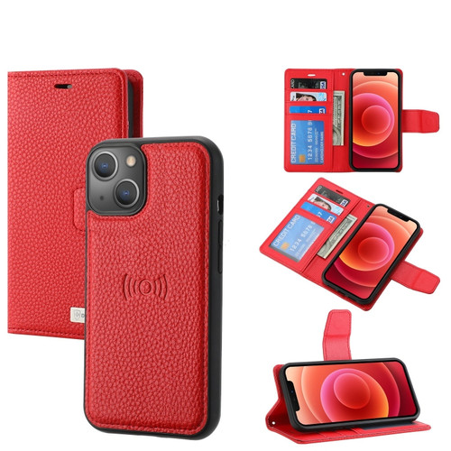 iPhone 13 Litchi Texture Magnetic Detachable Wallet Leather Phone Case - Red