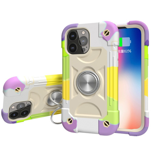 iPhone 13 Shockproof Silicone + PC Protective Case with Dual-Ring Holder - Colorful Beige