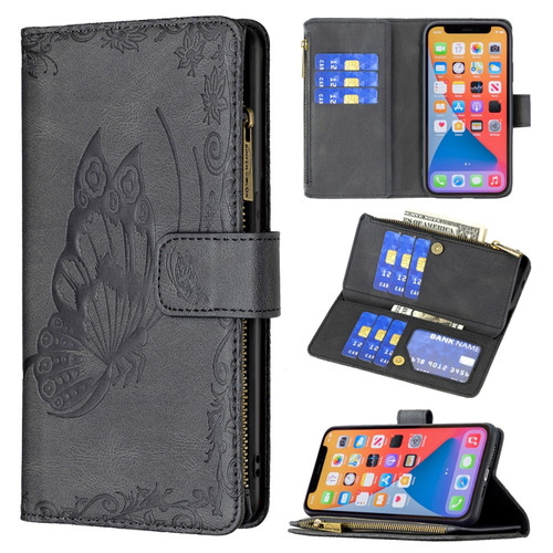 iPhone 13 Flying Butterfly Embossing Pattern Zipper Horizontal Flip Leather Case with Holder & Card Slots & Wallet - Black