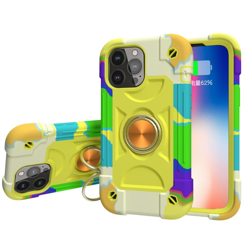 iPhone 13 Shockproof Silicone + PC Protective Case with Dual-Ring Holder - Colorful Yellow Green