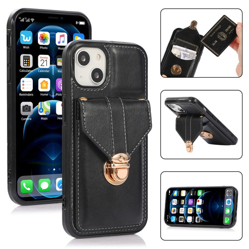 iPhone 13 Fashion Buckle Protective Case with Holder & Card Slot & Wallet & Lanyard - Black