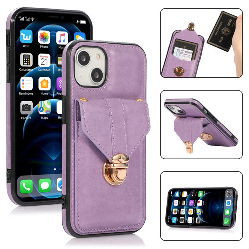 iPhone 13 Fashion Buckle Protective Case with Holder & Card Slot & Wallet & Lanyard - Purple