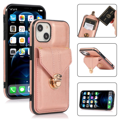 iPhone 13 Fashion Buckle Protective Case with Holder & Card Slot & Wallet & Lanyard - Rose Gold