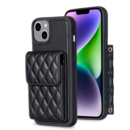 iPhone 13 Vertical Wallet Rhombic Leather Phone Case - Black