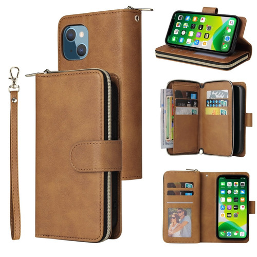 iPhone 13 9 Card Slots Zipper Wallet Bag Leather Phone Case - Brown