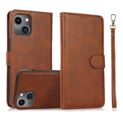 iPhone 13 Calf Texture 2 in 1 Detachable Magnetic Back Cover Horizontal Flip Leather Case with Holder & Card Slots & Wallet & Photo Frame - Brown