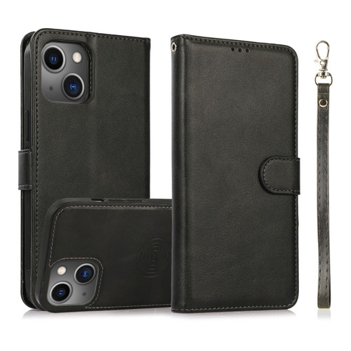 iPhone 13 Calf Texture 2 in 1 Detachable Magnetic Back Cover Horizontal Flip Leather Case with Holder & Card Slots & Wallet & Photo Frame - Black