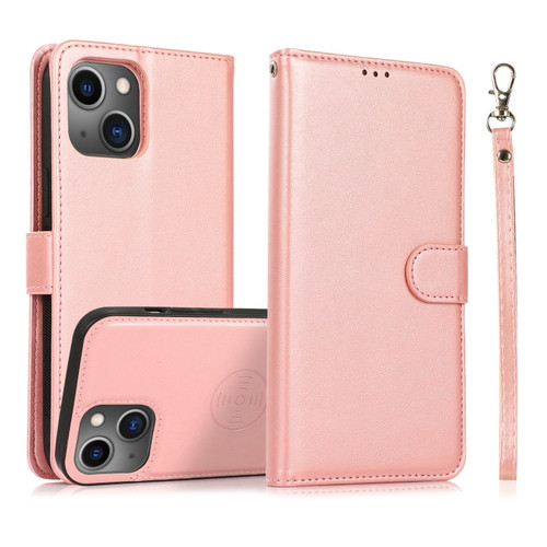 iPhone 13 Calf Texture 2 in 1 Detachable Magnetic Back Cover Horizontal Flip Leather Case with Holder & Card Slots & Wallet & Photo Frame - Rose Gold