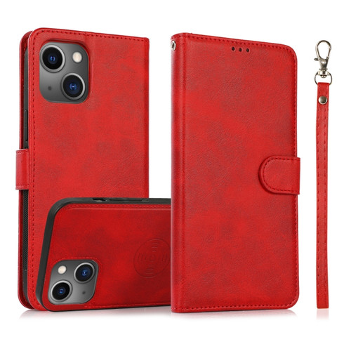 iPhone 13 Calf Texture 2 in 1 Detachable Magnetic Back Cover Horizontal Flip Leather Case with Holder & Card Slots & Wallet & Photo Frame - Red