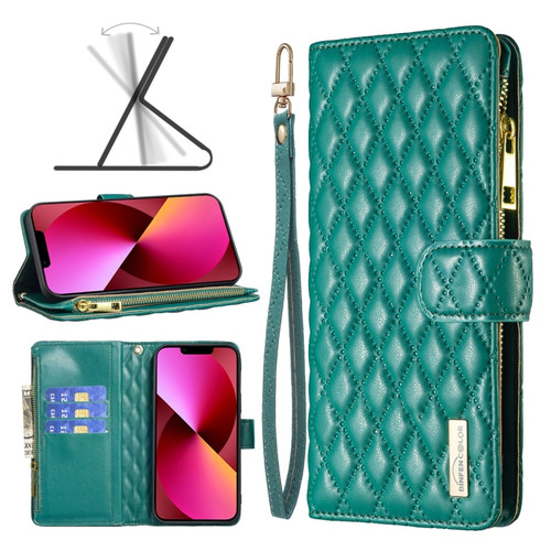 iPhone 13 Diamond Lattice Zipper Wallet Leather Flip Phone Case - Green