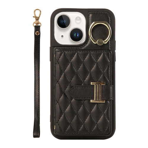 iPhone 13 Horizontal Card Bag Ring Holder Phone Case with Dual Lanyard - Black