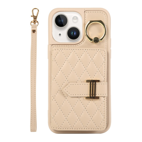 iPhone 13 Horizontal Card Bag Ring Holder Phone Case with Dual Lanyard - Beige