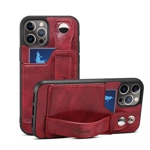 iPhone 13 TPU + PU Leather Shockproof Protective Case with Card Slots and Hand Strap - Red